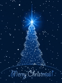 a blue christmas tree with the words merry christmas written below it
