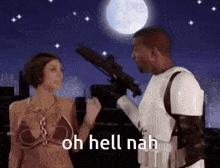 a woman in a bikini stands next to a storm trooper with the words oh hell nah written below them