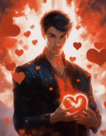 a painting of a man holding a heart surrounded by red hearts