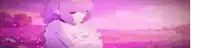 a purple haired anime girl in a white dress is standing in a field of flowers .