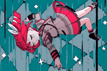 a girl with red hair is laying on her back
