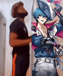 a man is standing next to a picture of a boy with blue hair wearing a pirate hat
