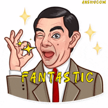 a cartoon of mr bean giving the ok sign with the word fantastic written below him