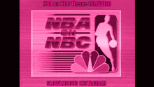 a pink nba on nbc logo with a basketball player holding a ball