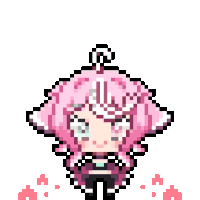 a pixel art drawing of a girl with pink hair surrounded by pink hearts