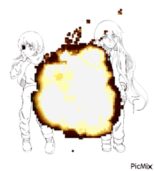 a black and white drawing of a girl standing next to a large explosion with the word picmix at the bottom