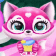 a pink fox is holding a cupcake with a star on it in its paws .