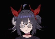 a girl wearing glasses and a choker has a reflection of her face in the glasses