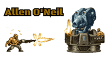 an allen o'neil logo with a cartoon character shooting a cannon