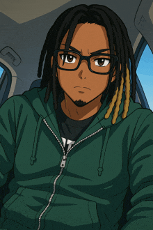 a man with dreadlocks is wearing glasses and a green jacket