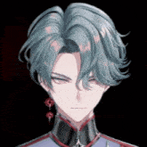 a close up of a man 's face with blue hair and red earrings