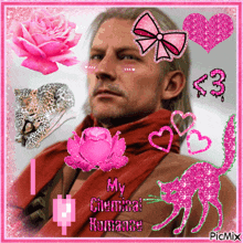 a man in a red scarf is surrounded by pink hearts and flowers with the words my chemical romance on the bottom