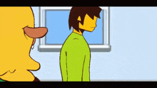a cartoon of a man and a boy standing next to each other .