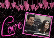 a picture of a man and a woman in a pink frame with the word love on it