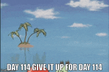 a cartoon of a crab holding a bell and saying `` day 114 give it up for day 114 ''