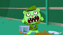 a cartoon of a green bear with big teeth and a shield on his hat