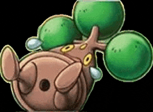a cartoon drawing of a pokemon with green balls on it 's head .