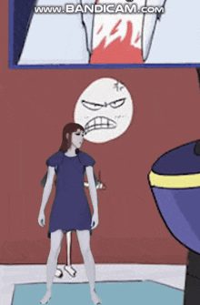 a woman in a blue dress is standing in front of a cartoon character with an angry face .