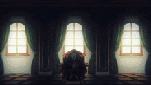 a man in a suit sits in a chair in a dark room
