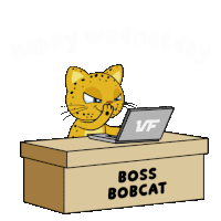 a cartoon of a leopard sitting at a desk with papers and a laptop that says boss bobcat