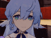 a close up of a cartoon character with blue hair