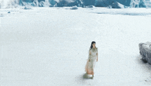 a woman in a white dress is standing on a snowy beach .