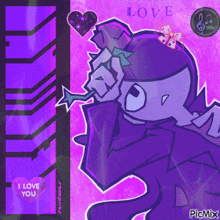 a purple cartoon character with a heart that says i love you on it
