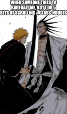 two anime characters are standing next to each other and one of them is holding a sword