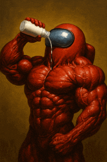 a very muscular red among us character is drinking from a bottle