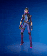 a woman in a blue and purple outfit is dancing