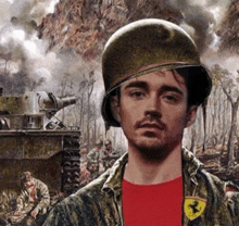 a man wearing a helmet and a red ferrari shirt