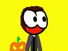 a cartoon character is holding a pumpkin with an evil face on it