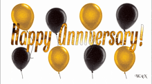gold and black balloons with the words happy anniversary