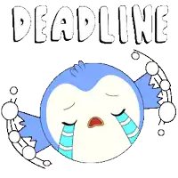 a blue and white bird is crying with the word deadline written above it