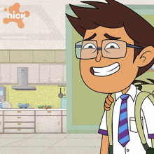 a cartoon of a boy wearing glasses and a tie with a nick logo on the ceiling