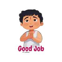 a cartoon of a boy saying good job with his hands on his chest