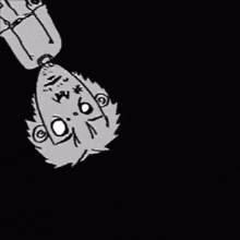 a black and white drawing of a person hanging upside down on a black background .