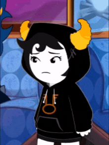 a cartoon character is wearing a black hoodie with an o on the front