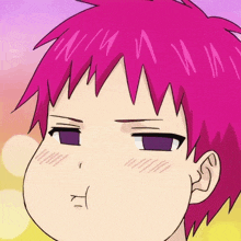 a close up of a cartoon character 's face with pink hair