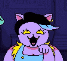 a pixel art drawing of a purple cat with a black hat