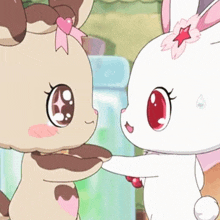 two cartoon rabbits are touching each other 's faces and looking at each other .
