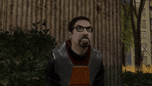 a cartoon man with glasses and a beard is standing in front of a fence