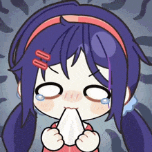 a cartoon girl with purple hair is crying and holding a napkin in her mouth