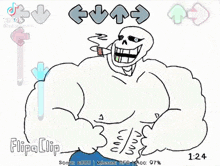 a cartoon drawing of a muscle man holding a blue ball with flipa clip written on the bottom right