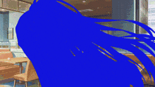 a girl with long blue hair and blue eyes is wearing a white shirt and blue tie