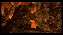 a man holding a rifle in a cave with a red background