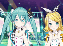 two anime girls are standing next to each other with their hands together