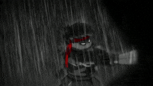 a black and white drawing of a ninja in the rain with a red scarf around his neck