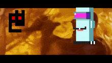 a pixel art drawing of a man with a red eye and a blue object with pink eyes