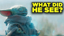 a baby yoda is standing in front of a sign that says what did he see ?